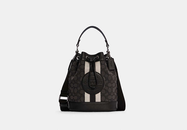 COACH®,DEMPSEY DRAWSTRING BUCKET BAG IN SIGNATURE JACQUARD WITH STRIPE AND COACH PATCH,Jacquard,Medium,Silver/Black Smoke Black Multi,Front View