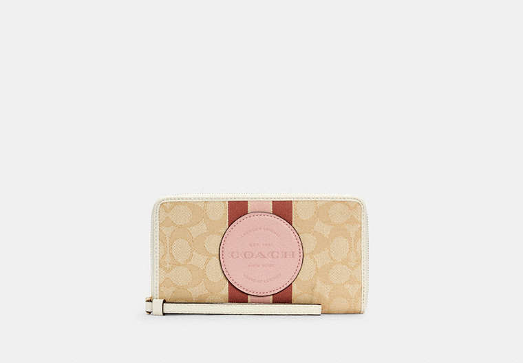 COACH®,DEMPSEY LARGE PHONE WALLET IN SIGNATURE JACQUARD WITH STRIPE AND COACH PATCH,cotton,Mini,Gold/Lt Khaki Vanilla Cream Mult,Front View
