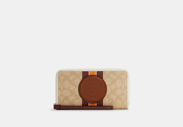 COACH®,DEMPSEY LARGE PHONE WALLET IN SIGNATURE JACQUARD WITH STRIPE AND COACH PATCH,cotton,Mini,Gold/Light Khaki/Wine Multi,Front View image number 0
