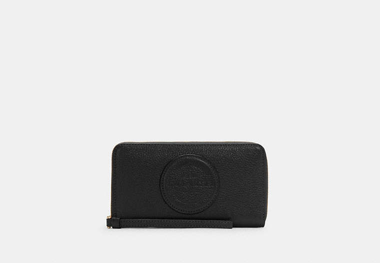 COACH®,DEMPSEY LARGE PHONE WALLET,Pebbled Leather,Gold/Black,Front View