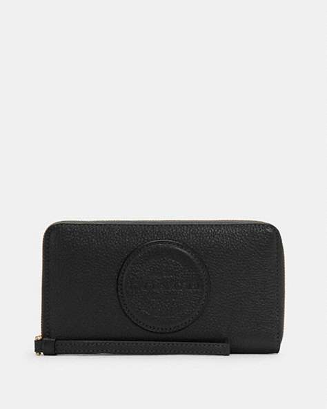 COACH®,DEMPSEY LARGE PHONE WALLET,Pebbled Leather,Gold/Black,Front View