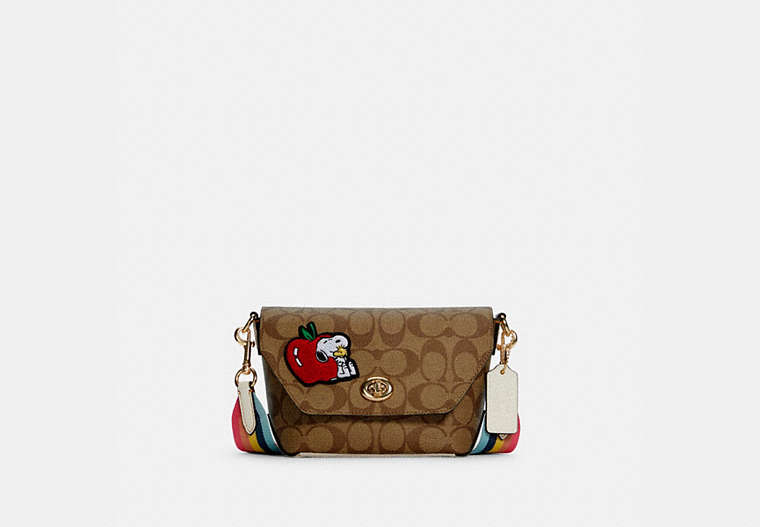COACH®,COACH X PEANUTS KARLEE CROSSBODY IN SIGNATURE CANVAS WITH SNOOPY,n/a,Small,Gold/Khaki Chalk Multi,Front View