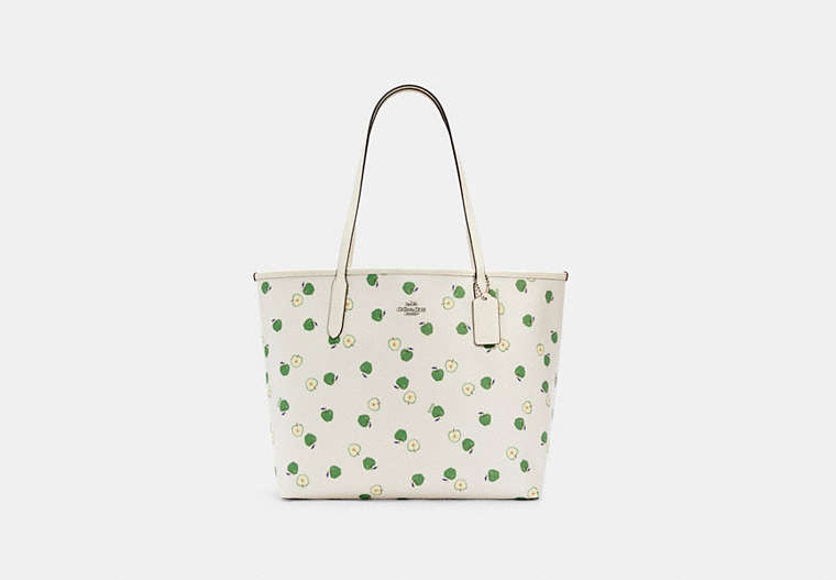 COACH®,CITY TOTE WITH APPLE PRINT,Large,Silver/Chalk/Green Multi,Front View