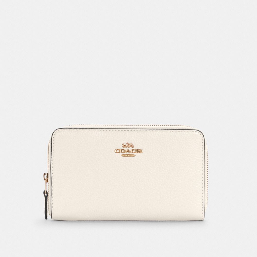 COACH®,PORTEFEUILLE À ZIP DE FORMAT MOYEN AVEC FENÊTRE POUR PIÈCE D’IDENTITÉ,Cuir galet,Or/Craie,Front View