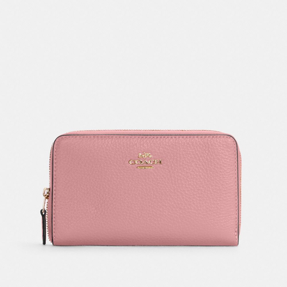 COACH®,MEDIUM ID ZIP WALLET,Pebbled Leather,Mini,Gold/True Pink,Front View