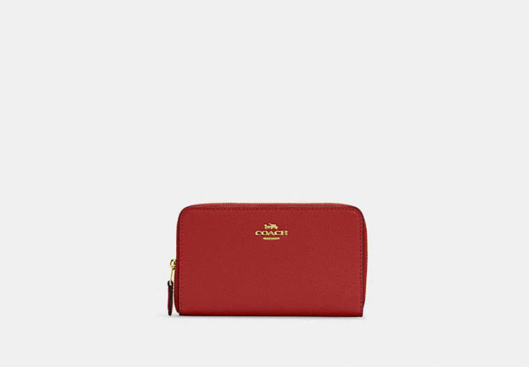 COACH®,MEDIUM ID ZIP WALLET,Pebbled Leather,Mini,Gold/Red Apple,Front View