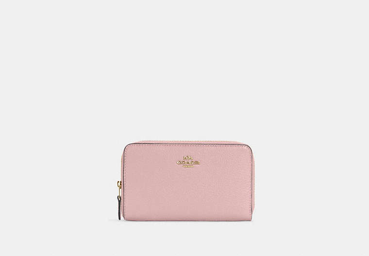 COACH®,MEDIUM ID ZIP WALLET,Pebbled Leather,Mini,Gold/Powder Pink,Front View