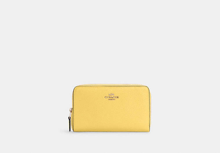 COACH®,MEDIUM ID ZIP WALLET,Pebbled Leather,Mini,Gold/Retro Yellow,Front View