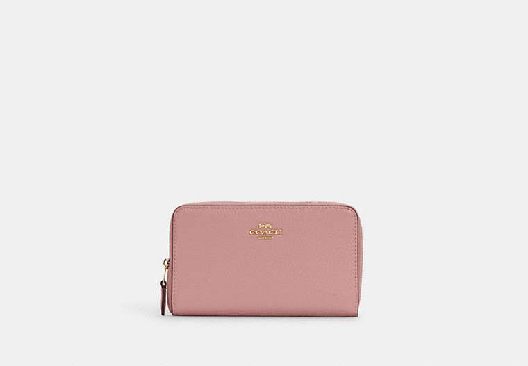 COACH®,MEDIUM ID ZIP WALLET,Pebbled Leather,Mini,Gold/Shell Pink,Front View