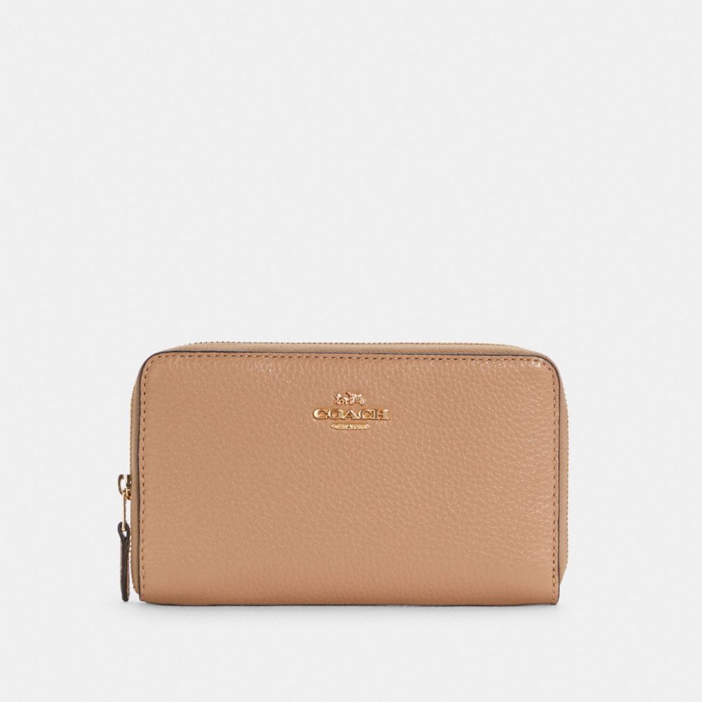 COACH®,MEDIUM ID ZIP WALLET,Pebbled Leather,Mini,Gold/Taupe,Front View