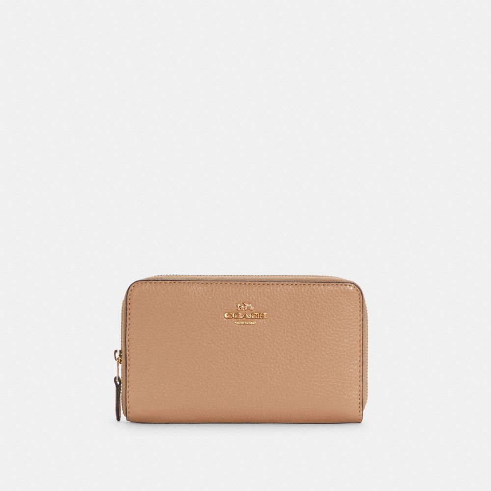 COACH®,MEDIUM ID ZIP WALLET,Pebbled Leather,Mini,Gold/Taupe,Front View