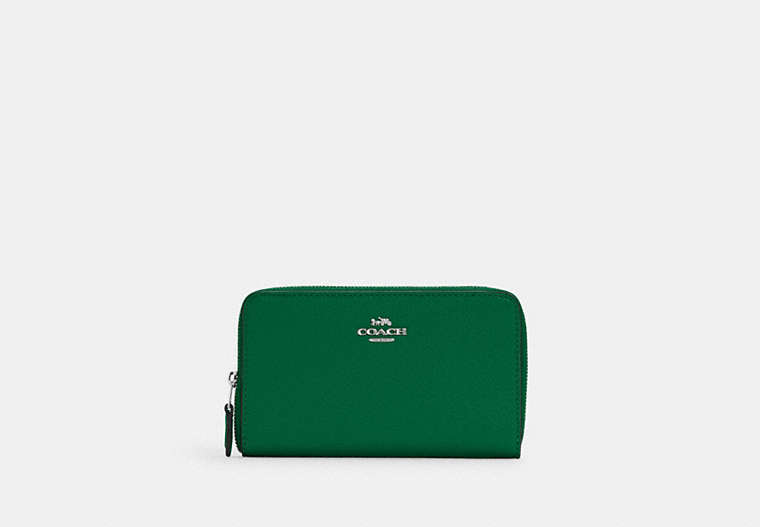 COACH®,MEDIUM ID ZIP WALLET,Pebbled Leather,Mini,Silver/Green,Front View