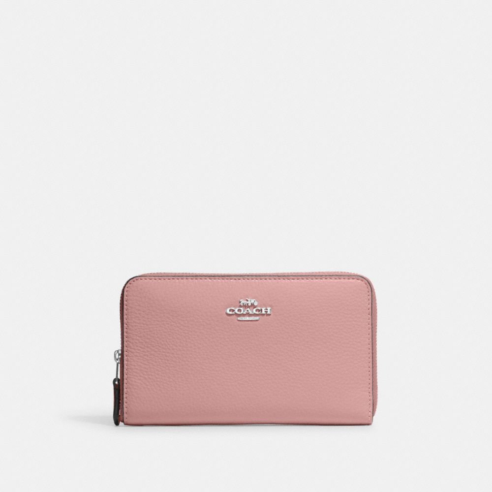 COACH®,MEDIUM ID ZIP WALLET,Pebbled Leather,Mini,Silver/Light Pink,Front View
