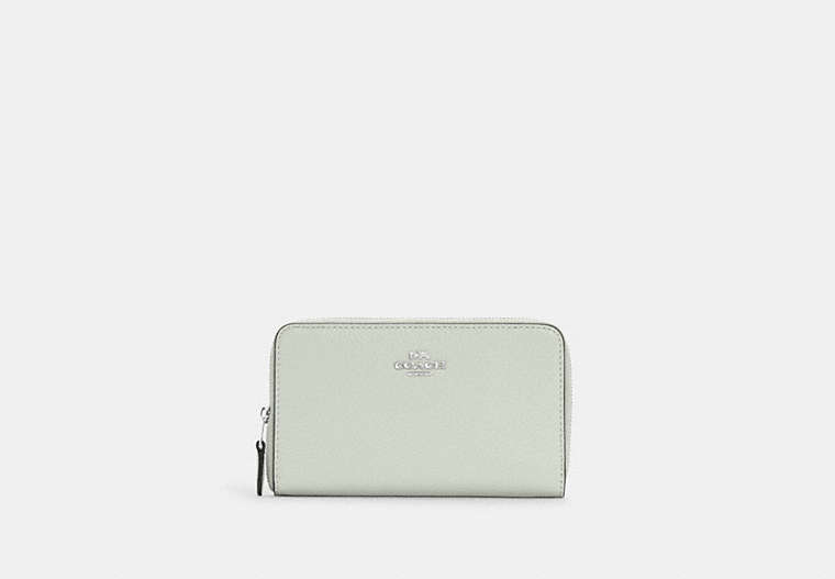 COACH®,MEDIUM ID ZIP WALLET,Pebbled Leather,Mini,Silver/Light Sage,Front View
