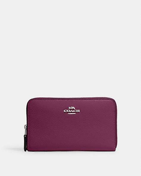 COACH®,MEDIUM ID ZIP WALLET,Pebbled Leather,Mini,Silver/Deep Berry,Front View