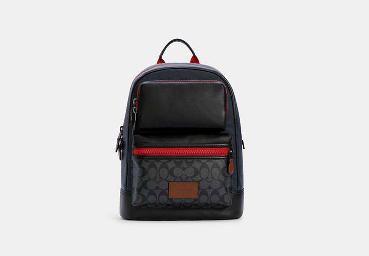 COACH®,RIDER BACKPACK IN COLORBLOCK SIGNATURE CANVAS,Large,Gunmetal/Charcoal Midnight Multi,Front View