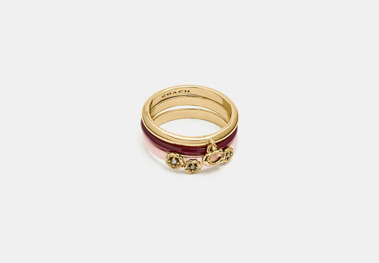 COACH®,PINK TEA ROSE RING SET,Metal,Gold/Pink Multi,Front View