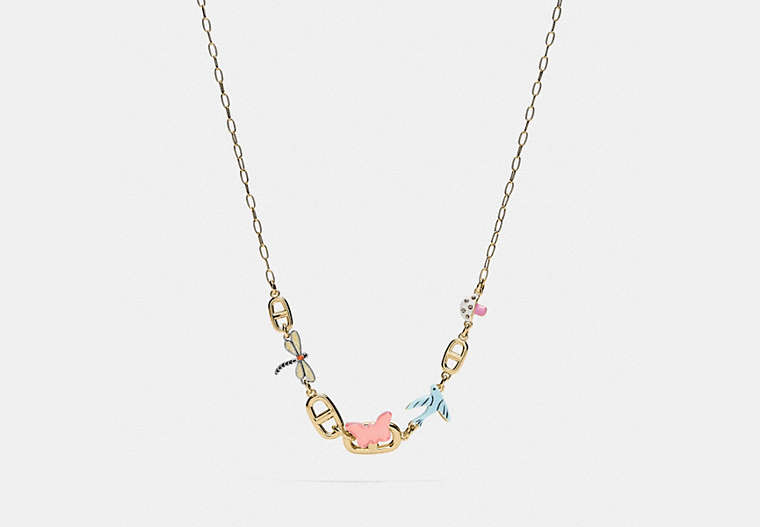 COACH®,COFFEE BEAN CHAIN LINK CHARM NECKLACE,Plated Brass,Gold/Multi,Front View