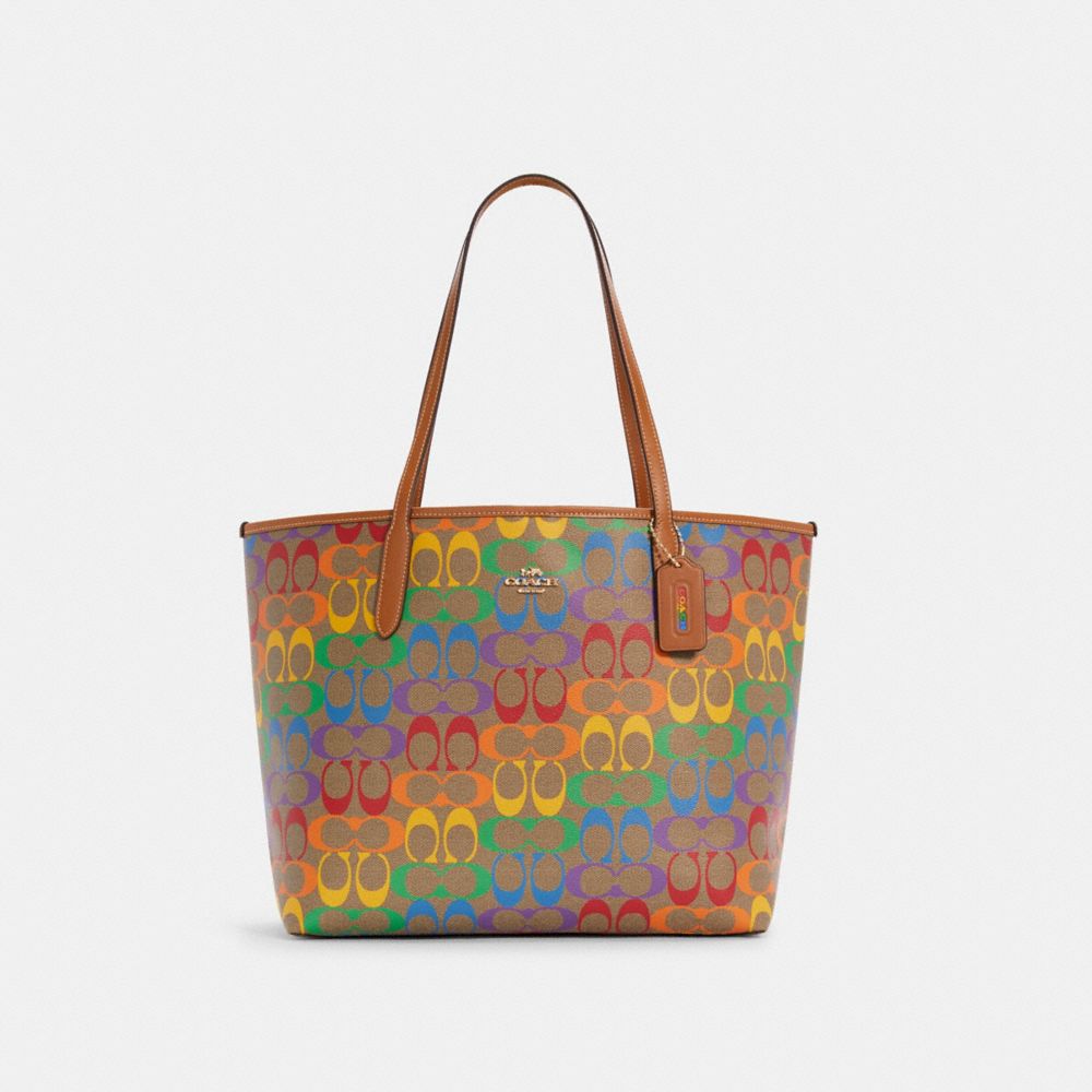 COACH®,CITY TOTE BAG IN RAINBOW SIGNATURE CANVAS,Signature Canvas,X-Large,Gold/Light Saddle Multi,Front View