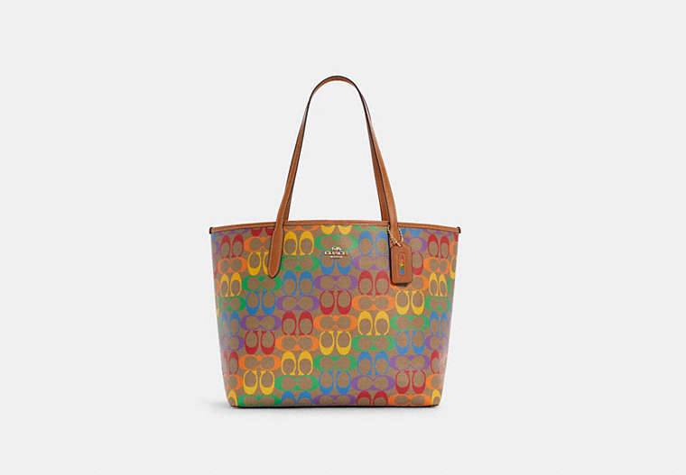 COACH®,CITY TOTE BAG IN RAINBOW SIGNATURE CANVAS,pvc,X-Large,Gold/Light Saddle Multi,Front View