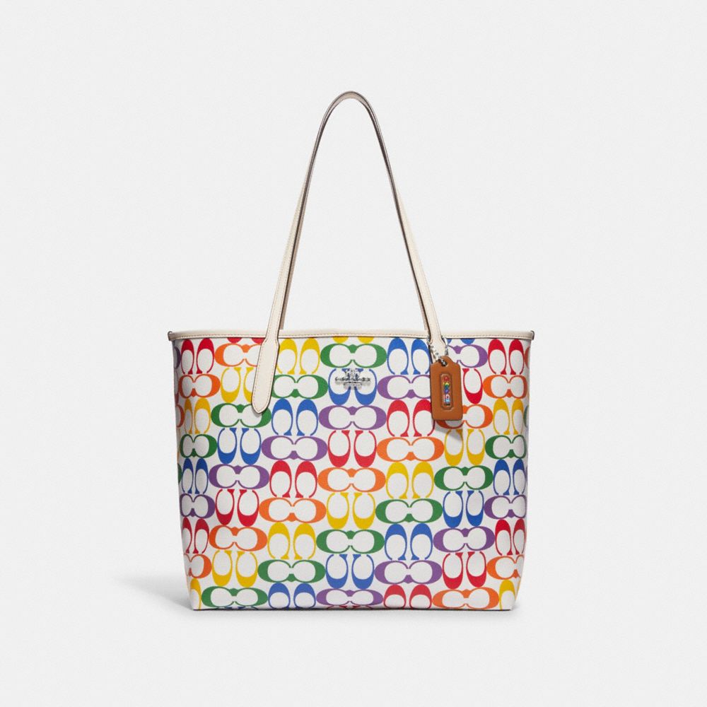 COACH®,CITY TOTE BAG IN RAINBOW SIGNATURE CANVAS,Signature Canvas,X-Large,Silver/Chalk Multi,Front View
