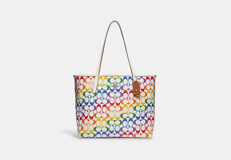 COACH®,CITY TOTE BAG IN RAINBOW SIGNATURE CANVAS,X-Large,Silver/Chalk Multi,Front View