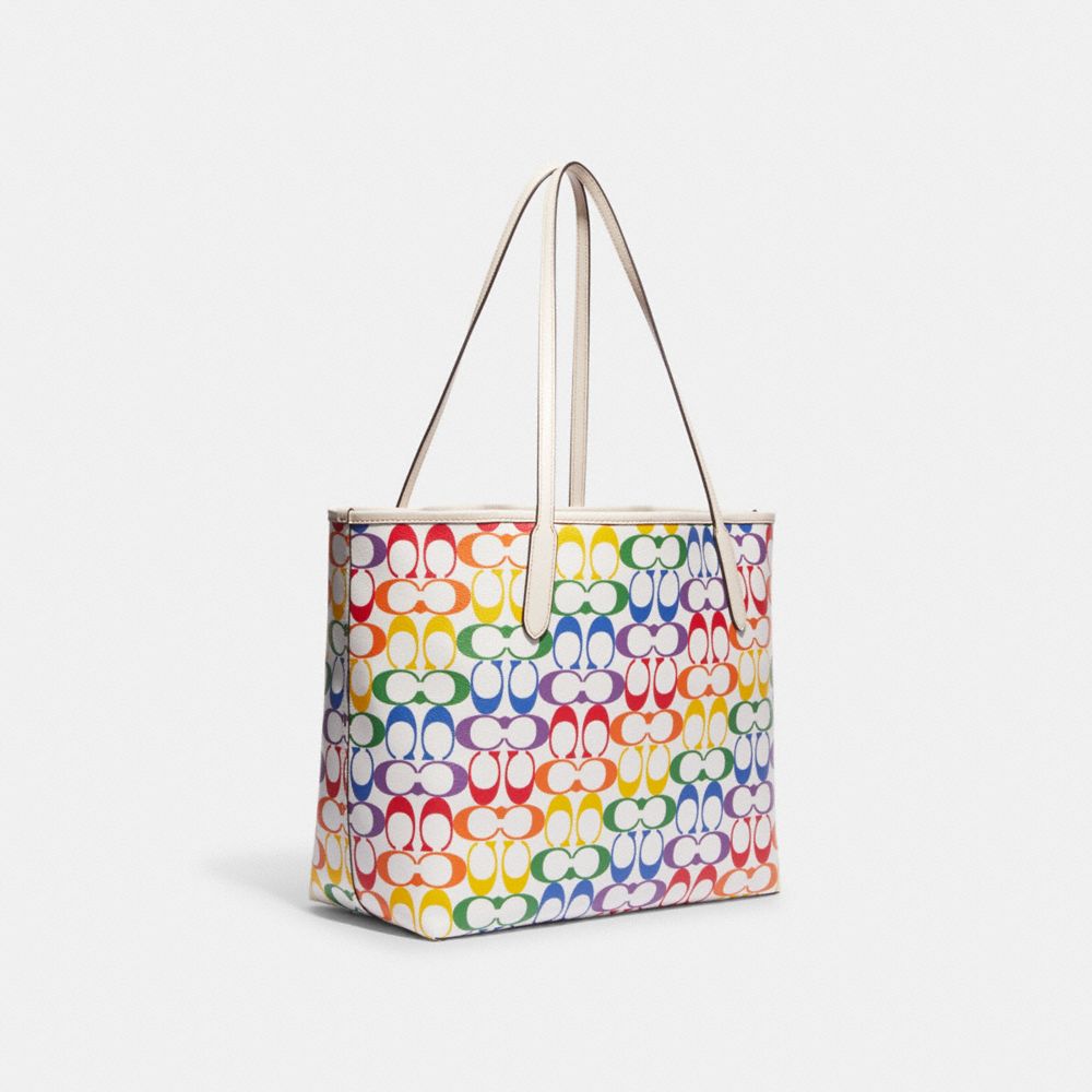 COACH®,CITY TOTE BAG IN RAINBOW SIGNATURE CANVAS,Signature Canvas,X-Large,Silver/Chalk Multi,Angle View