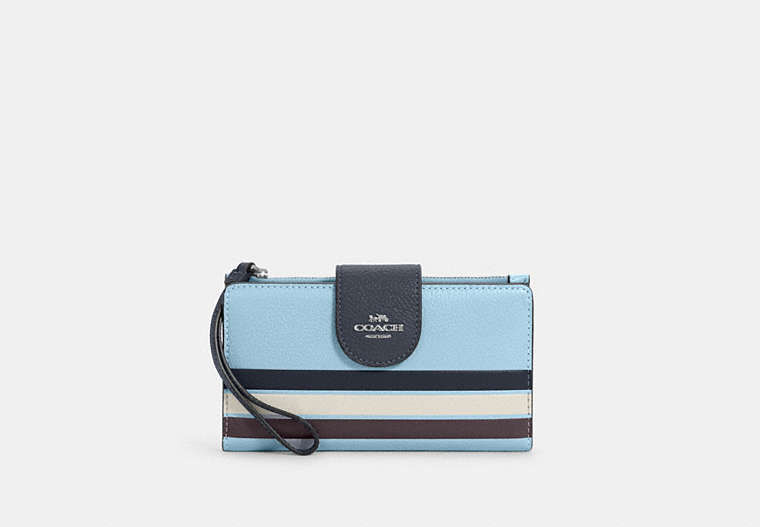 COACH®,PHONE WALLET IN COLORBLOCK WITH STRIPE,Silver/Waterfall Midnight Multi,Front View