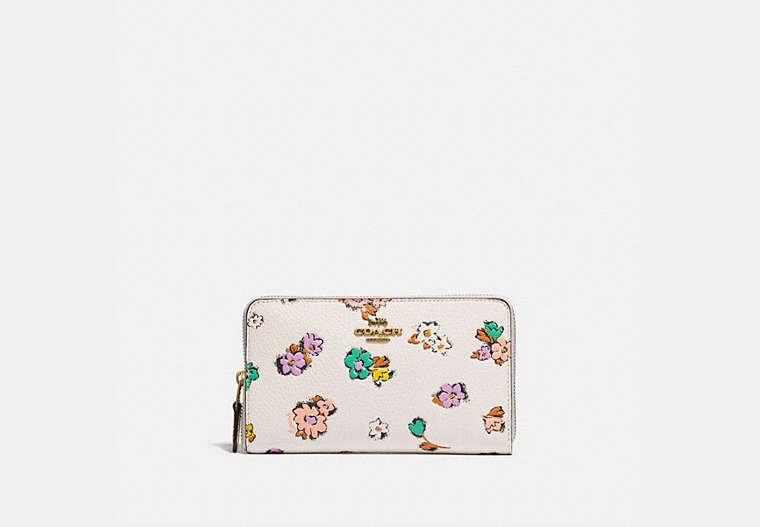 COACH®,MEDIUM ZIP AROUND WALLET WITH FLORAL PRINT,Pebble Leather,Brass/Chalk,Front View