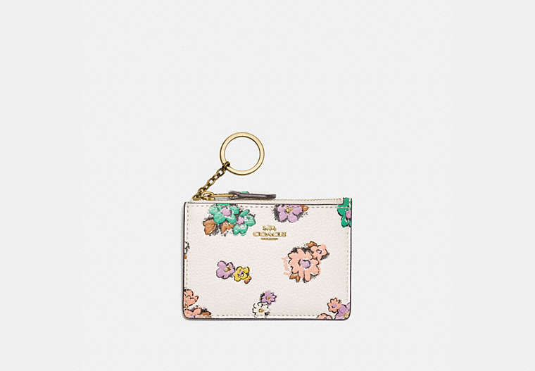 COACH®,MINI SKINNY ID CASE WITH FLORAL PRINT,Pebble Leather,Brass/Chalk,Front View