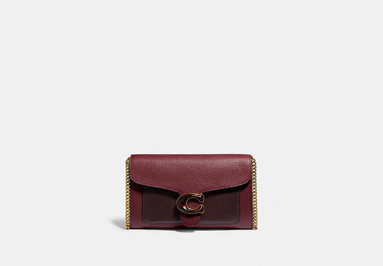 COACH®,TABBY CHAIN CLUTCH IN COLORBLOCK WITH SNAKESKIN DETAIL,Pebble Leather/Smooth Leather/Exotic,Mini,Brass/Wine Multi,Front View