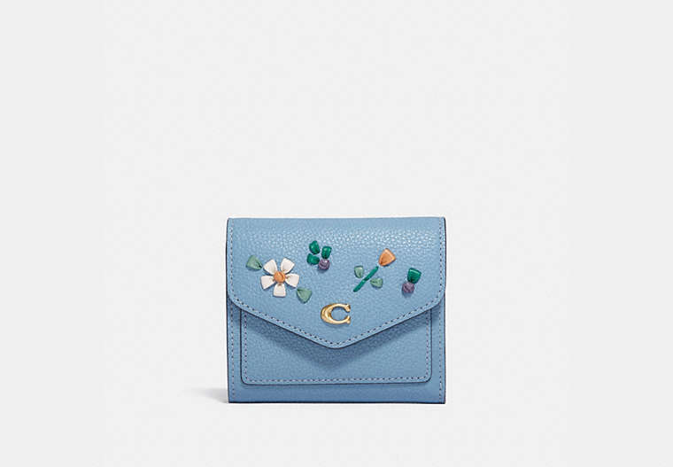 COACH®,WYN SMALL WALLET WITH FLORAL EMBROIDERY,Pebble Leather,Brass/Azure,Front View