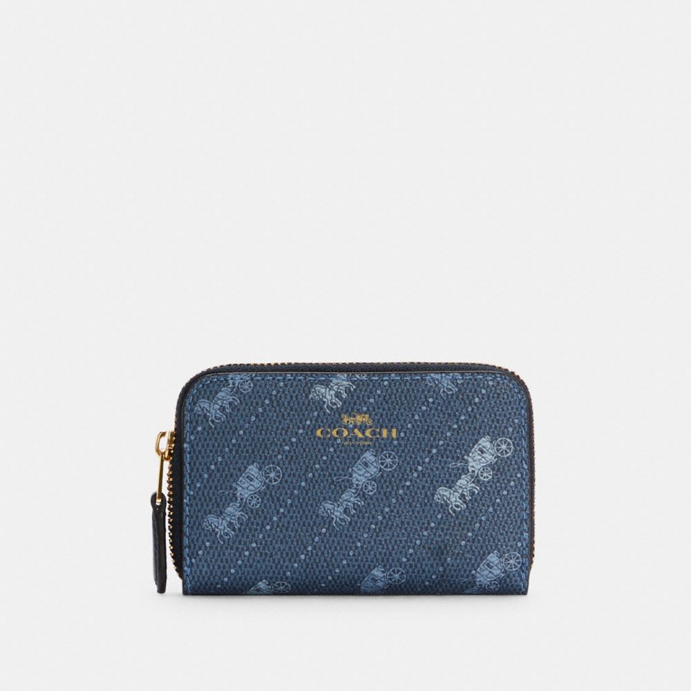 COACH®,ZIP AROUND COIN CASE WITH HORSE AND CARRIAGE DOT PRINT,pvc,Gold/Denim,Front View