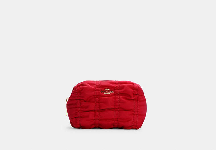 COACH®,SMALL BOXY COSMETIC CASE WITH RUCHING,Nylon,Mini,Gold/1941 Red,Front View