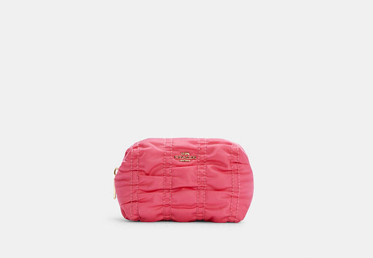 COACH®,SMALL BOXY COSMETIC CASE WITH RUCHING,Nylon,Mini,Gold/Confetti Pink,Front View