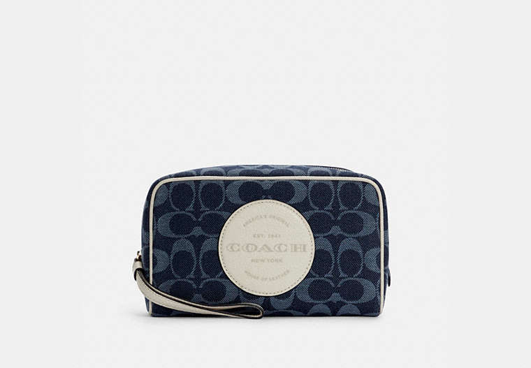 COACH®,DEMPSEY BOXY COSMETIC CASE 20 IN SIGNATURE DENIM WITH COACH PATCH,cotton,Medium,Gold/DENIM MULTI,Front View