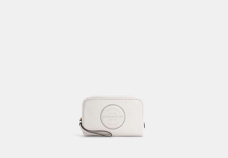 COACH®,DEMPSEY BOXY COSMETIC CASE 20 WITH COACH PATCH,Pebbled Leather,Small,Gold/Chalk,Front View