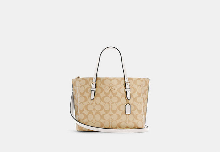 COACH®,MOLLIE TOTE 25 IN SIGNATURE CANVAS,Signature Coated Canvas/Smooth Leather,Medium,Anniversary,Gold/Light Khaki Chalk,Front View