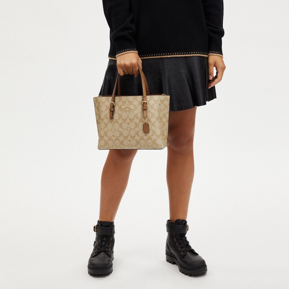 COACH®,Mollie Tote Bag 25 In Signature Canvas,Canvas,Leather,Tote,PVC,Logo,Gold Metal,Work,Beige,Detail View