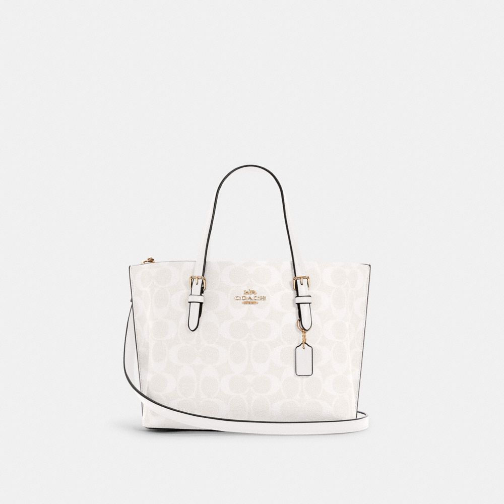 COACH®,MOLLIE TOTE BAG 25 IN SIGNATURE CANVAS,Signature Coated Canvas/Smooth Leather,Medium,Anniversary,Gold/Chalk/Glacierwhite,Front View