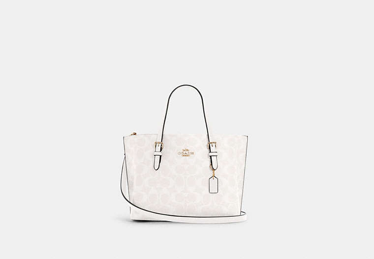 COACH®,MOLLIE TOTE BAG 25 IN SIGNATURE CANVAS,Signature Coated Canvas/Smooth Leather,Medium,Anniversary,Gold/Chalk/Glacierwhite,Front View