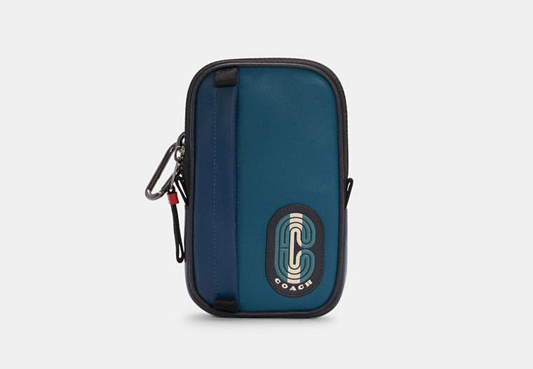 COACH®,NORTH/SOUTH HYBRID POUCH IN COLORBLOCK WITH STRIPED COACH PATCH,n/a,Mini,Gunmetal/Marine Multi,Front View
