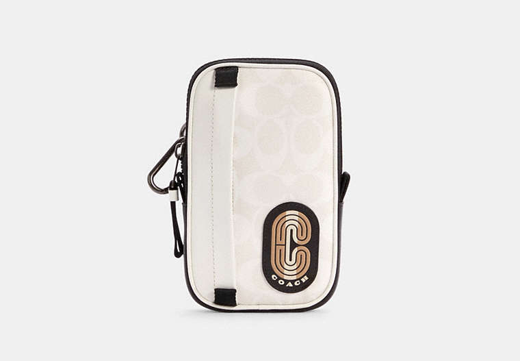 COACH®,NORTH/SOUTH HYBRID POUCH IN COLORBLOCK SIGNATURE CANVAS WITH STRIPED COACH PATCH,Mini,Gunmetal/Chalk Multi,Front View