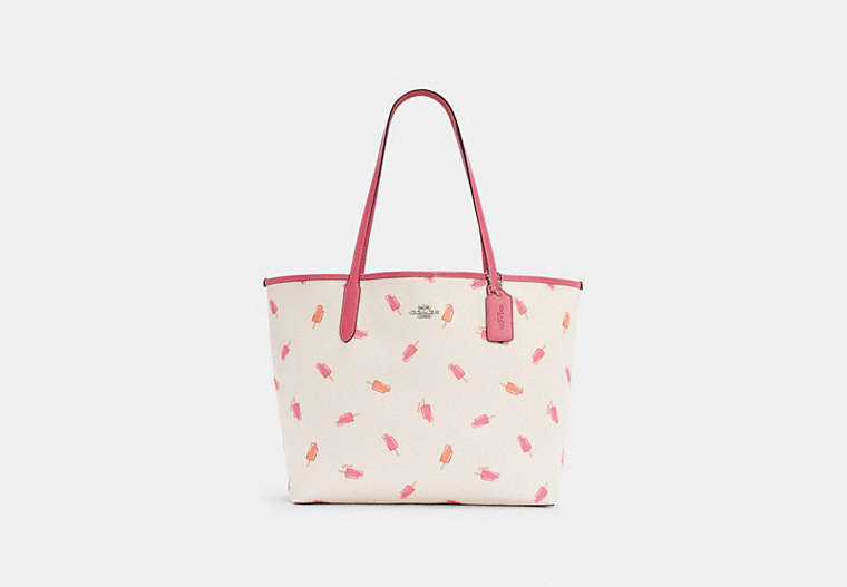 COACH®,CITY TOTE WITH POPSICLE PRINT,n/a,Large,Silver/Chalk Multi/Light Saddle,Front View
