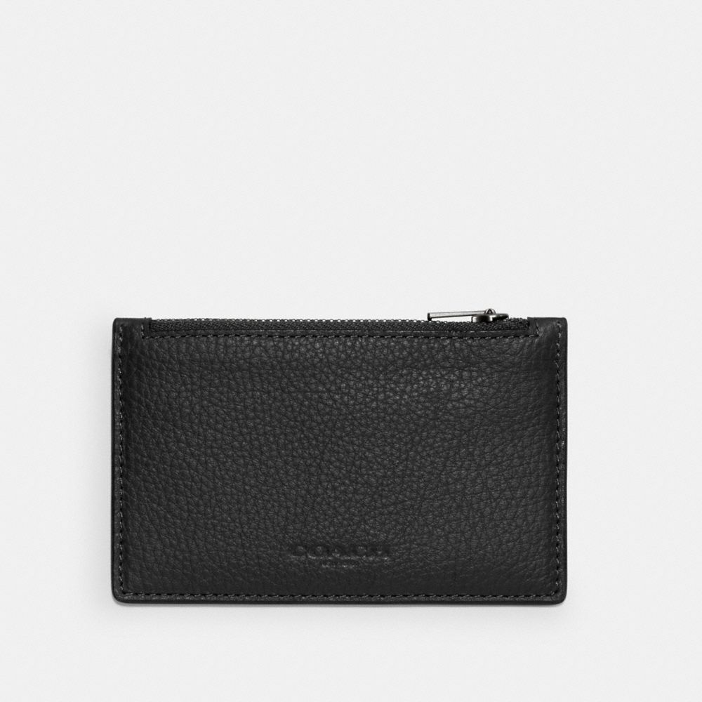 COACH®,ZIP CARD CASE,Pebbled Leather,Gunmetal/Black,Front View