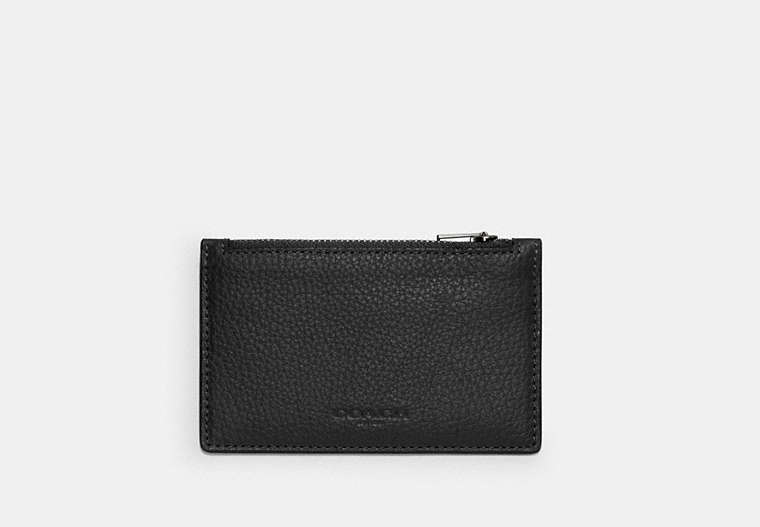 COACH®,ZIP CARD CASE,Pebbled Leather,Gunmetal/Black,Front View