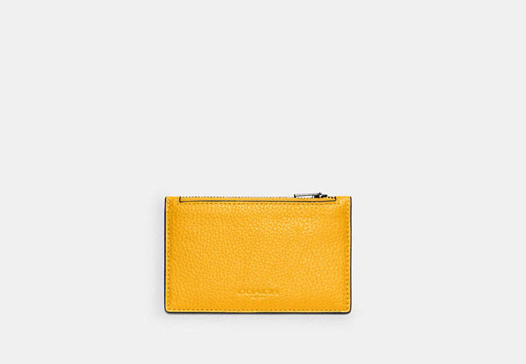 COACH®,ZIP CARD CASE,Pebbled Leather,Gunmetal/Ochre,Front View