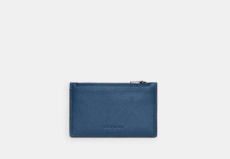 COACH®,ZIP CARD CASE,Pebbled Leather,Gunmetal/Jewel Blue,Front View