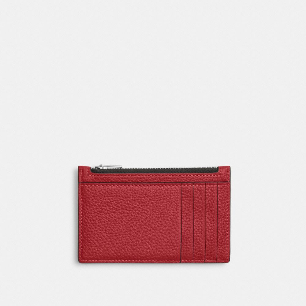 COACH®,PORTE-CARTES À FERMETURE ÉCLAIR,Cuir galet,Argenté/Rouge,Back View