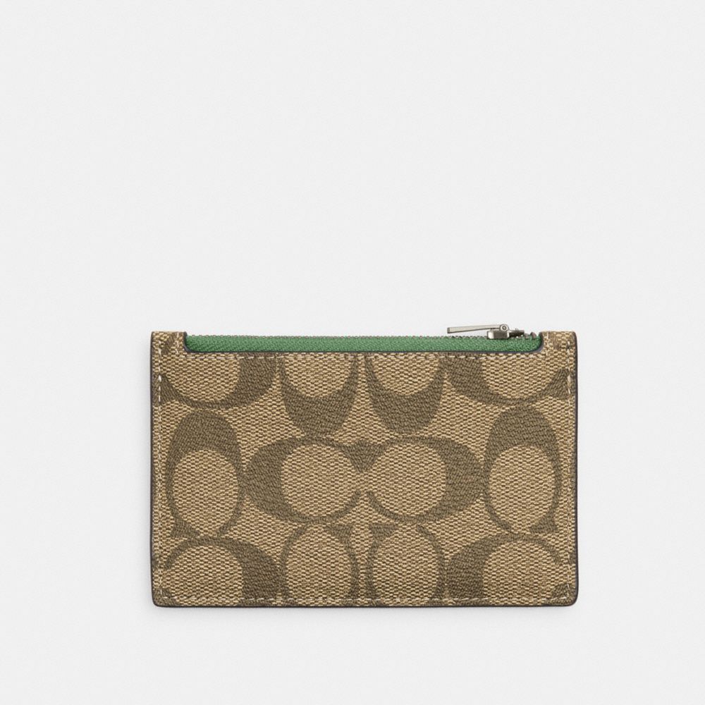 COACH®,ZIP CARD CASE IN SIGNATURE CANVAS,Signature Canvas,Black Antique Nickel/Khaki/Soft Green,Front View